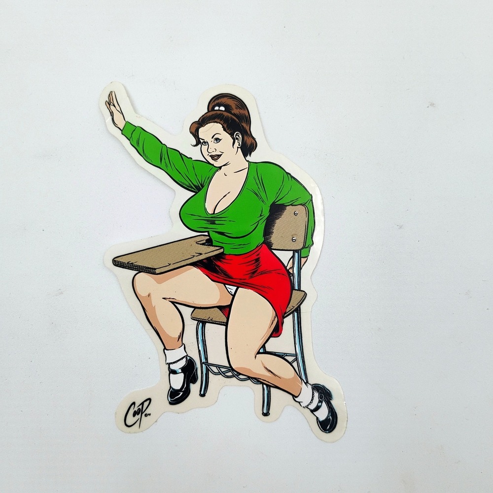 COOP Art Pinup Sticker Hot Girl School Desk Teacher Green Top Vinyl Decal VTG